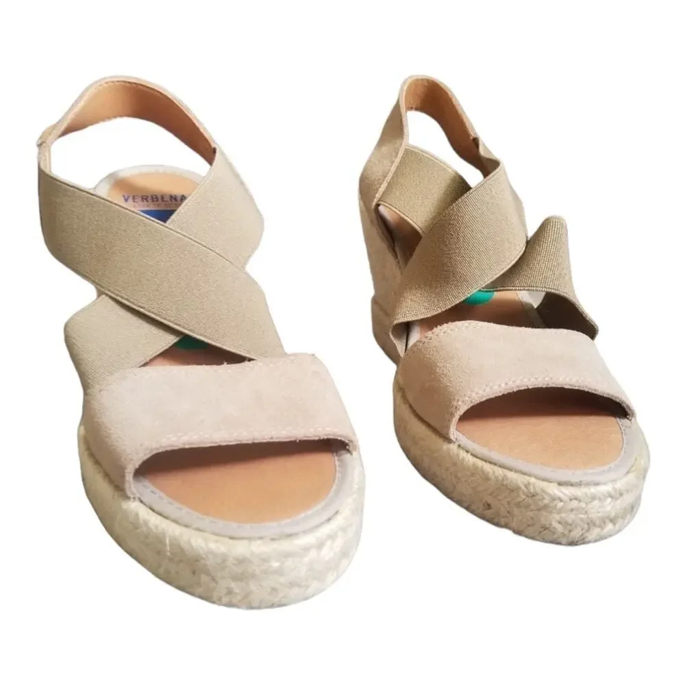 Verbenas Silva Serraje Piedra Open Toe Espadrille Cross Strap Wedges size 8‌